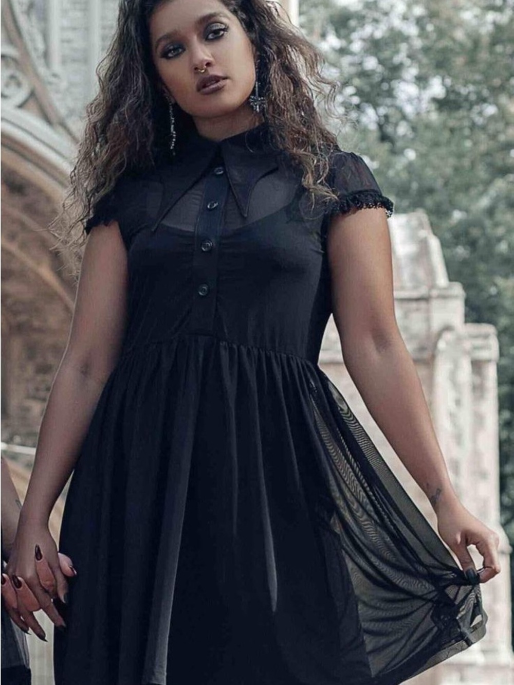 Killstar Black Mesh Skater Dress with Lace Sleeves - Size S